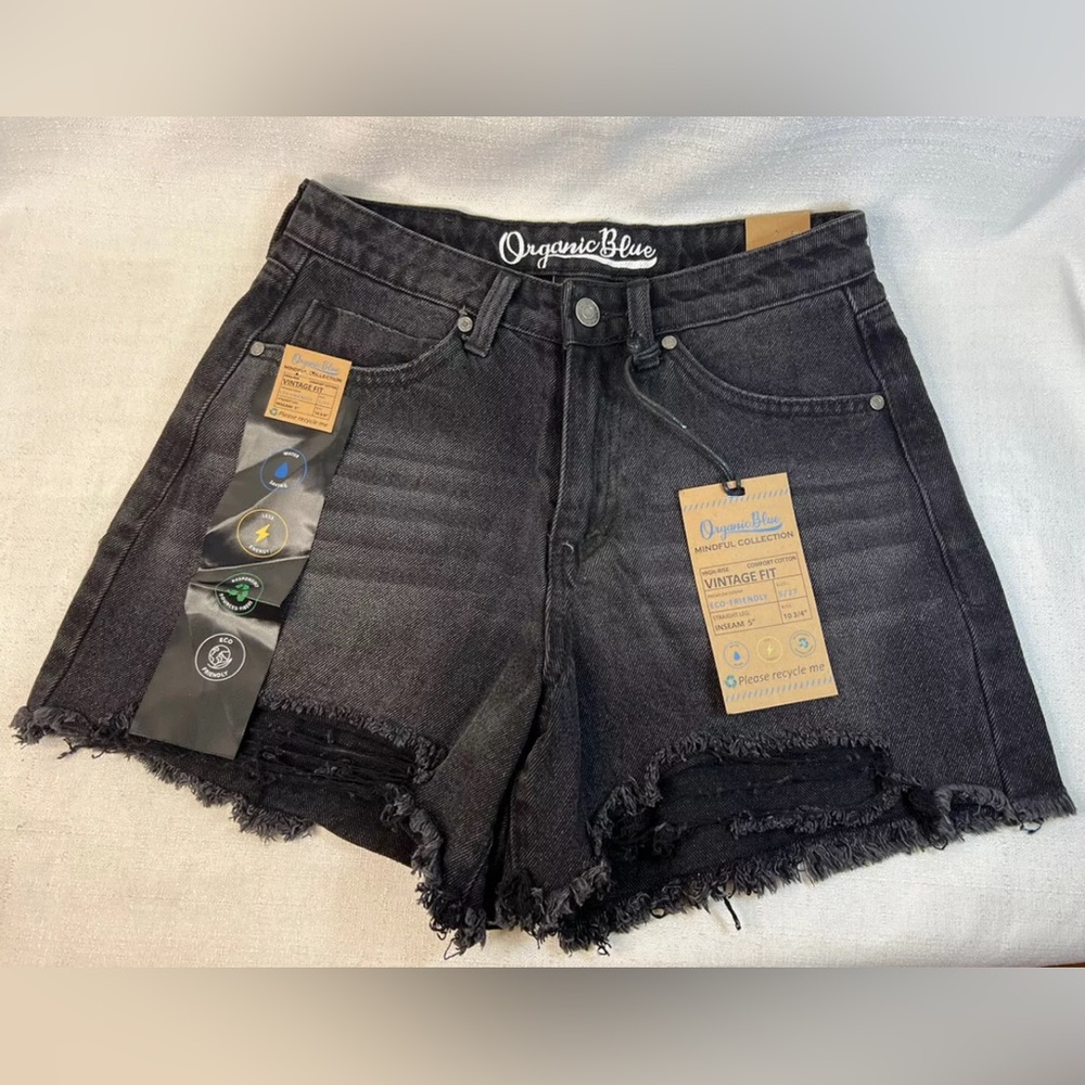 Organic Blue Black Denim Jeans Shorts Sz 5 / 27 Distressed High Rise Vtg Fit 90s